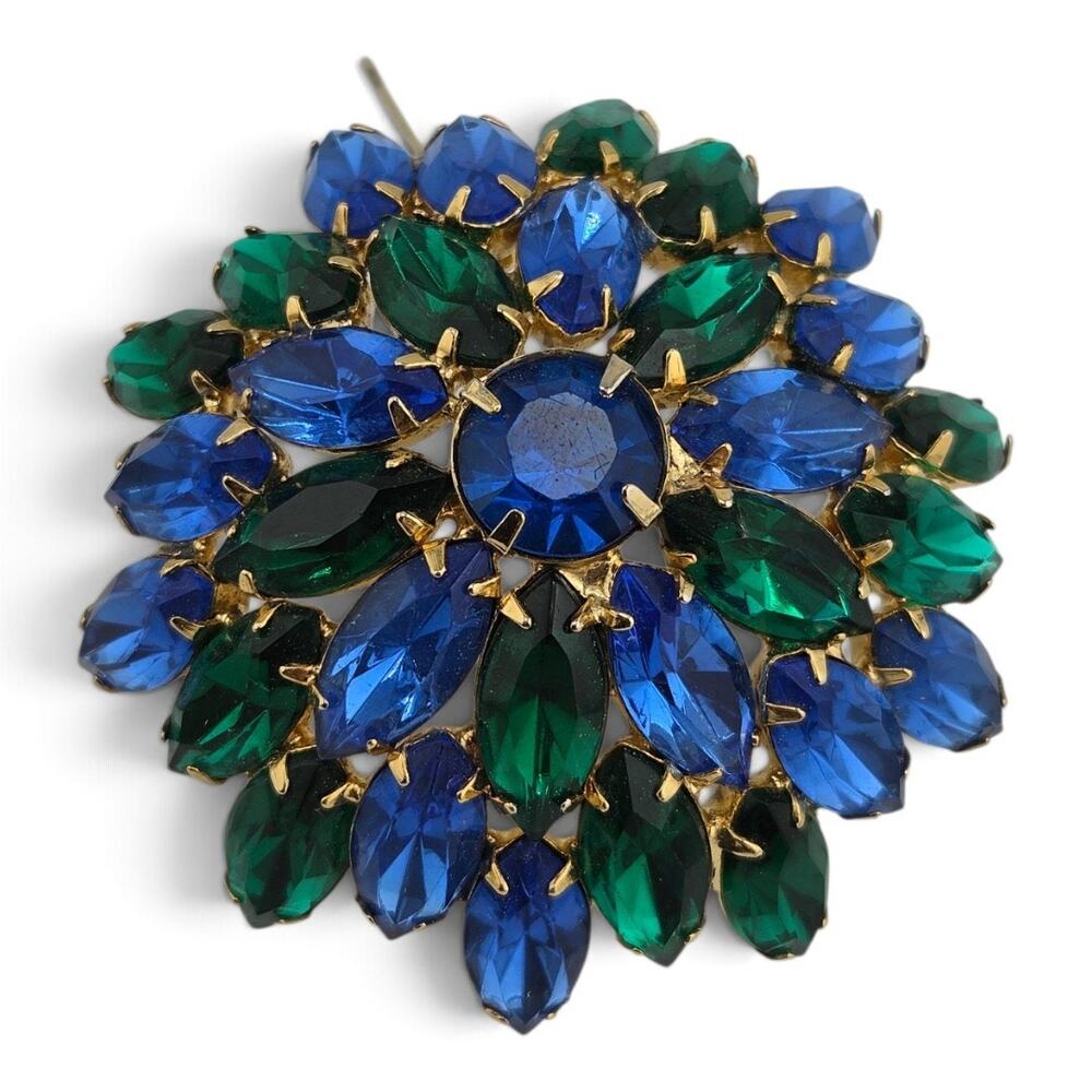 Vintage Blue Green Glass Rhinestone Dome Brooch Marquise Gold Tone Statement Pin